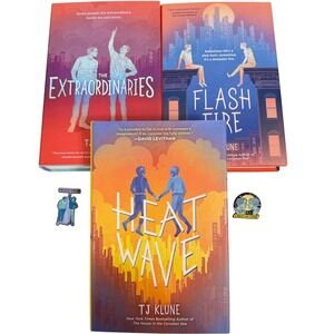 TJ Klune The Extraordinaries Trilogy Hardcover Set Signed Card Enamel Pins YA